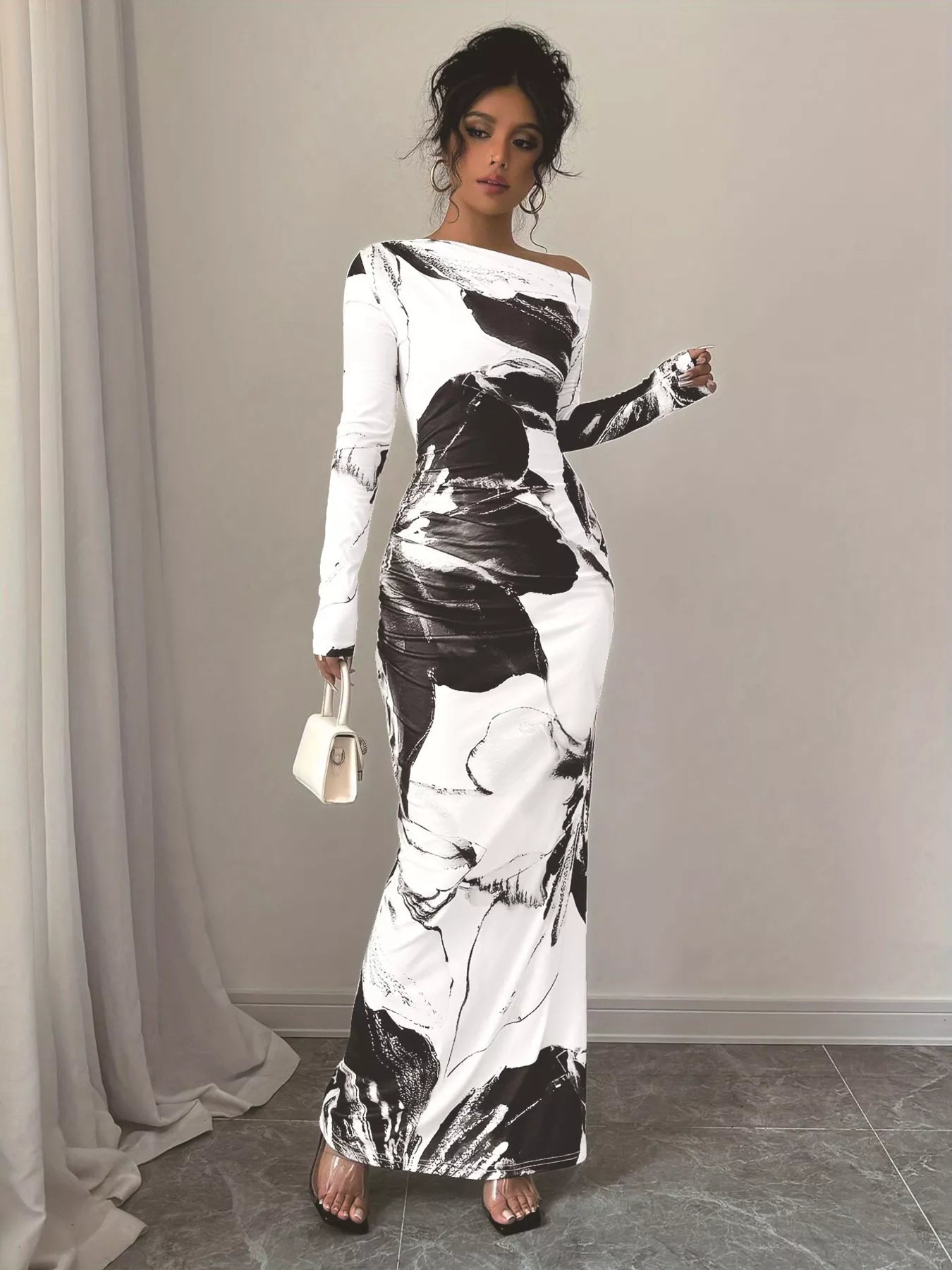 Floral One Shoulder Long Sleeve Maxi Dress - Luxé Lane