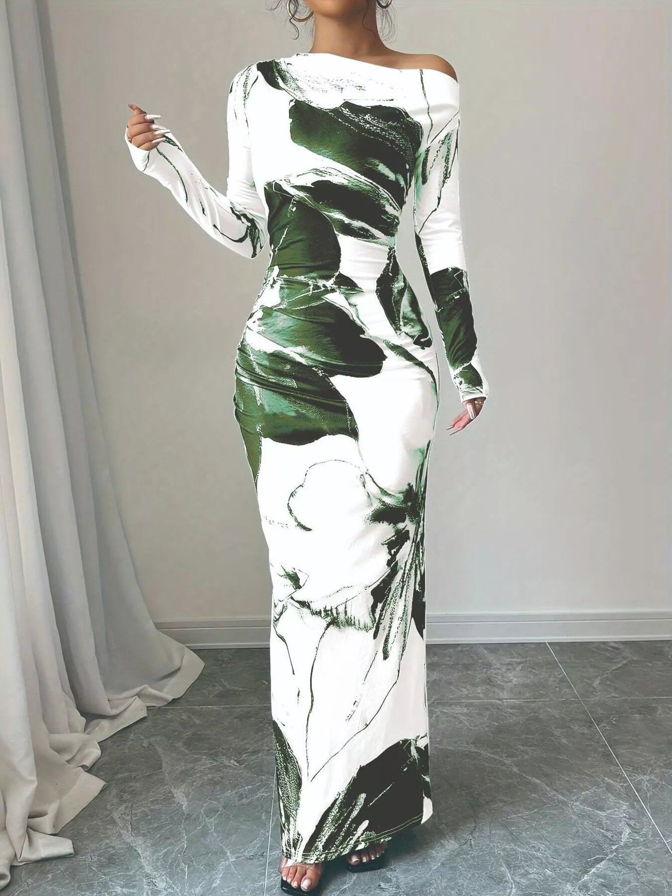 Floral One Shoulder Long Sleeve Maxi Dress - Luxé Lane