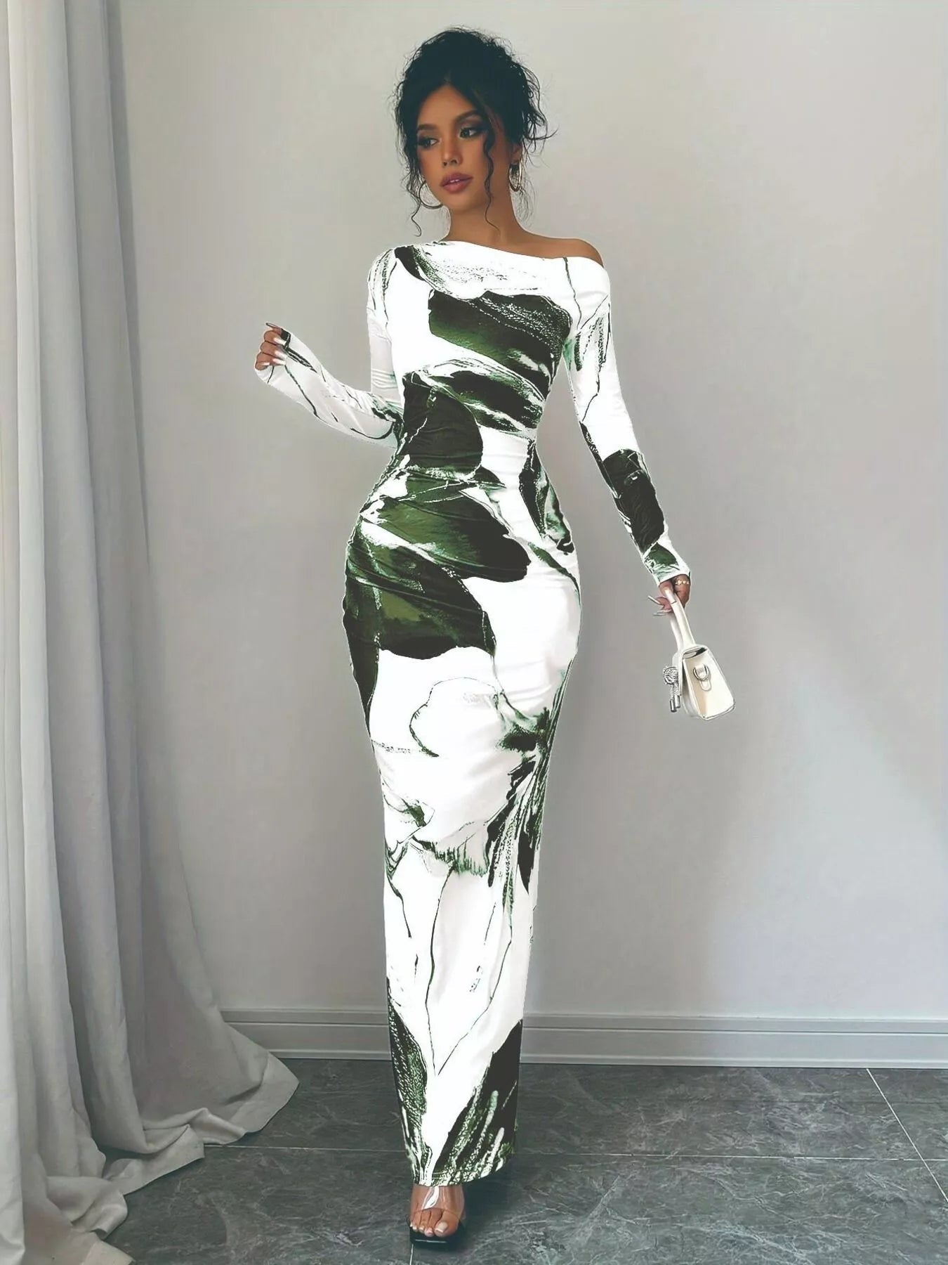 Floral One Shoulder Long Sleeve Maxi Dress - Luxé Lane