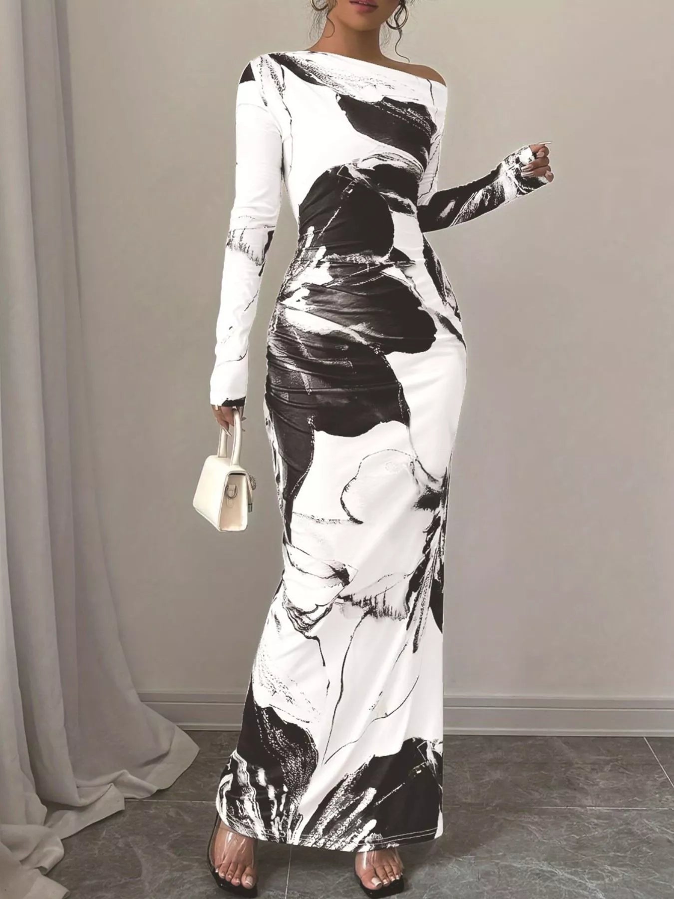 Floral One Shoulder Long Sleeve Maxi Dress - Luxé Lane
