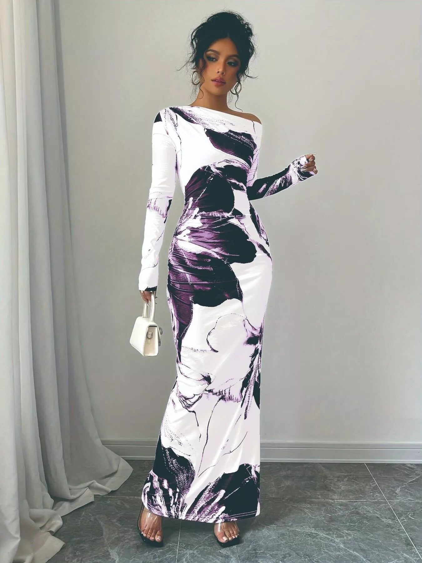 Floral One Shoulder Long Sleeve Maxi Dress - Luxé Lane