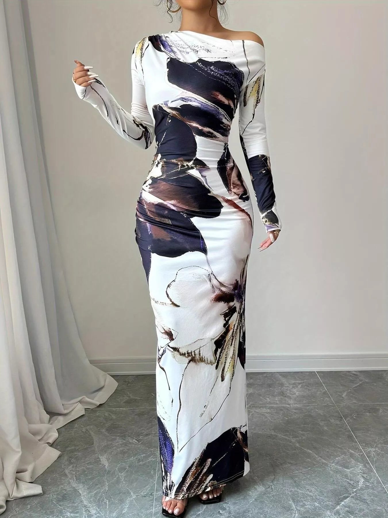 Floral One Shoulder Long Sleeve Maxi Dress - Luxé Lane