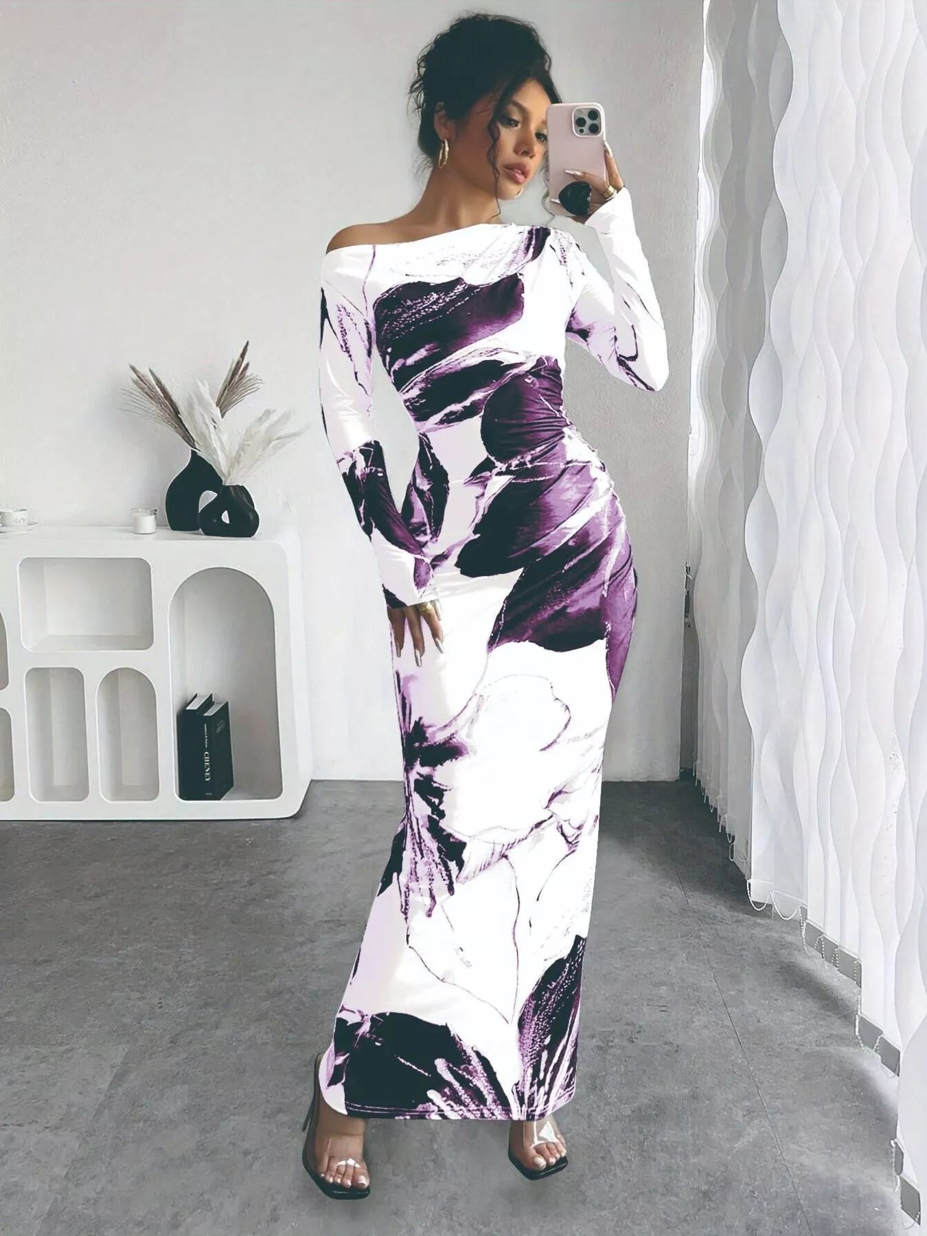 Floral One Shoulder Long Sleeve Maxi Dress - Luxé Lane