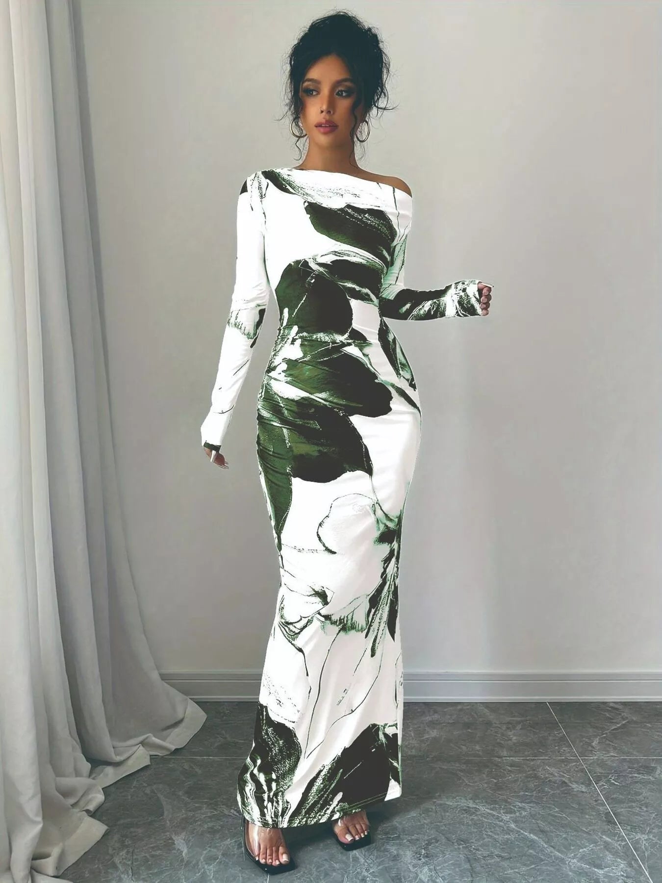 Floral One Shoulder Long Sleeve Maxi Dress - Luxé Lane