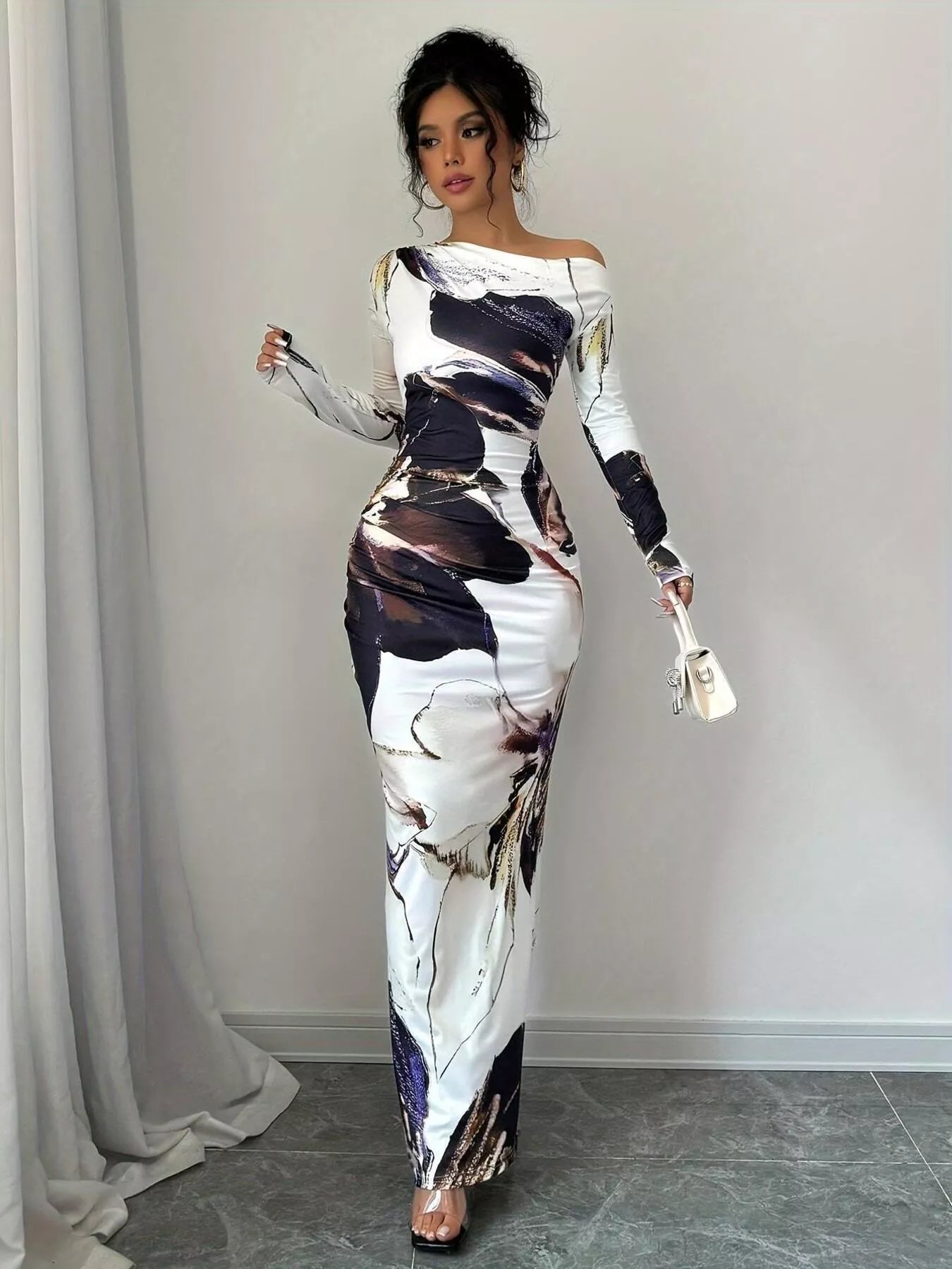 Floral One Shoulder Long Sleeve Maxi Dress - Luxé Lane