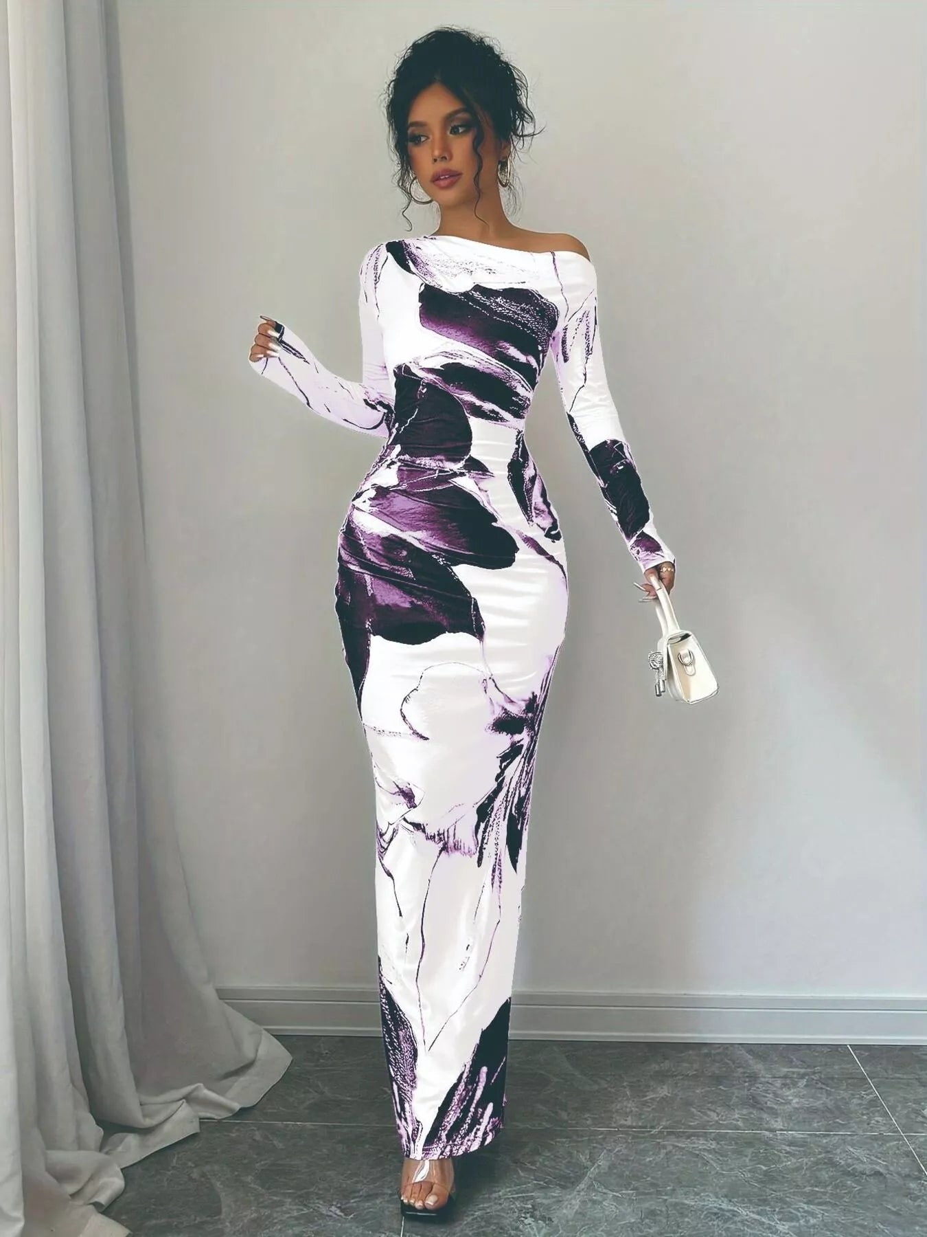 Floral One Shoulder Long Sleeve Maxi Dress - Luxé Lane