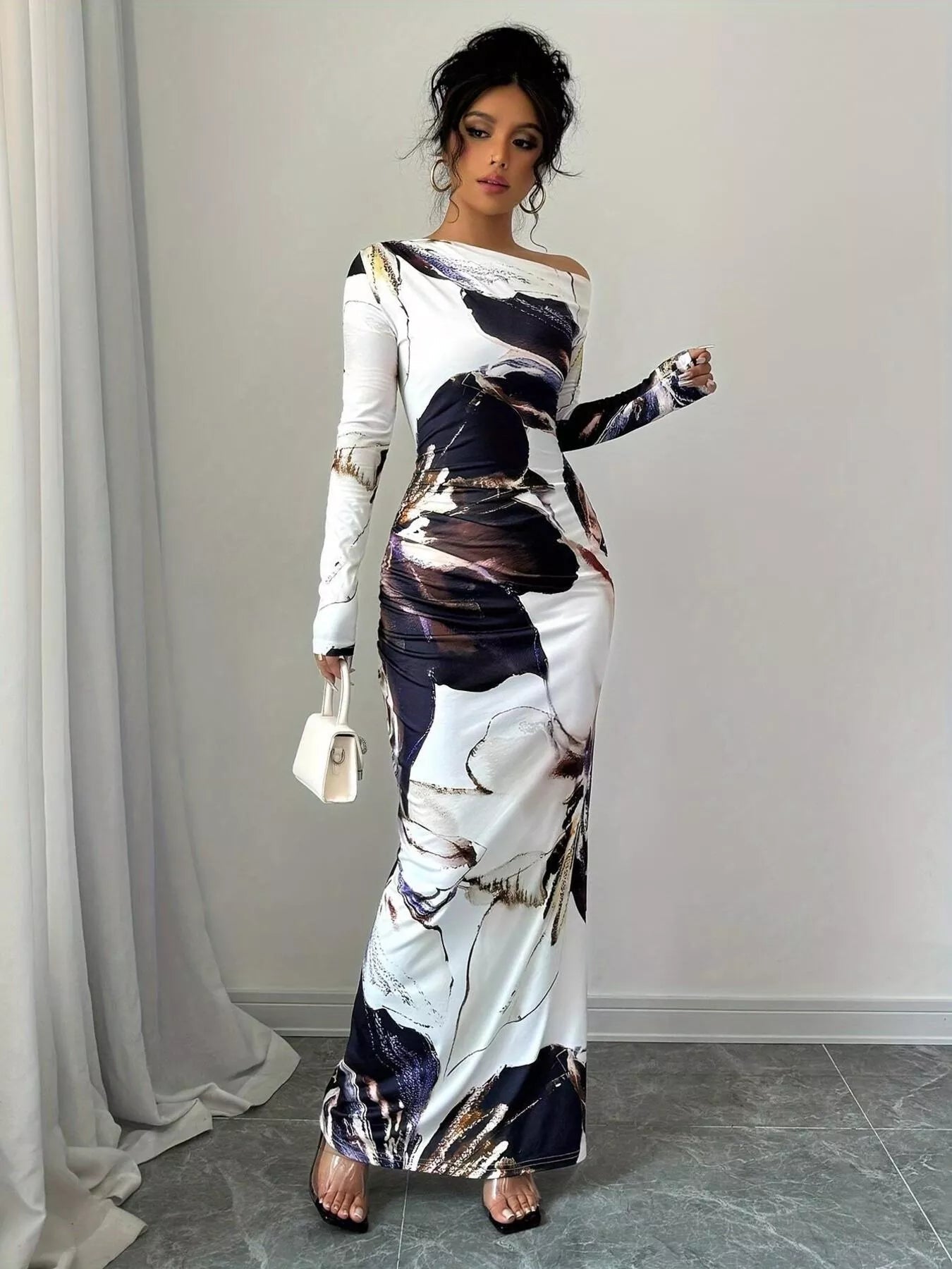Floral One Shoulder Long Sleeve Maxi Dress - Luxé Lane