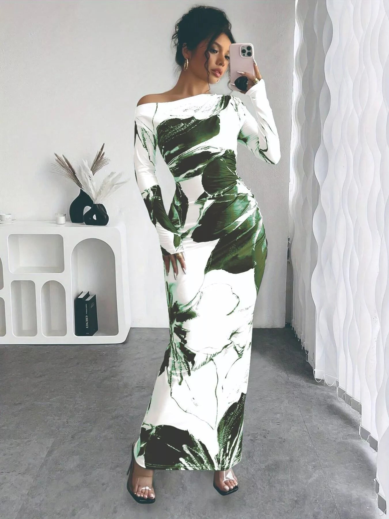 Floral One Shoulder Long Sleeve Maxi Dress - Luxé Lane