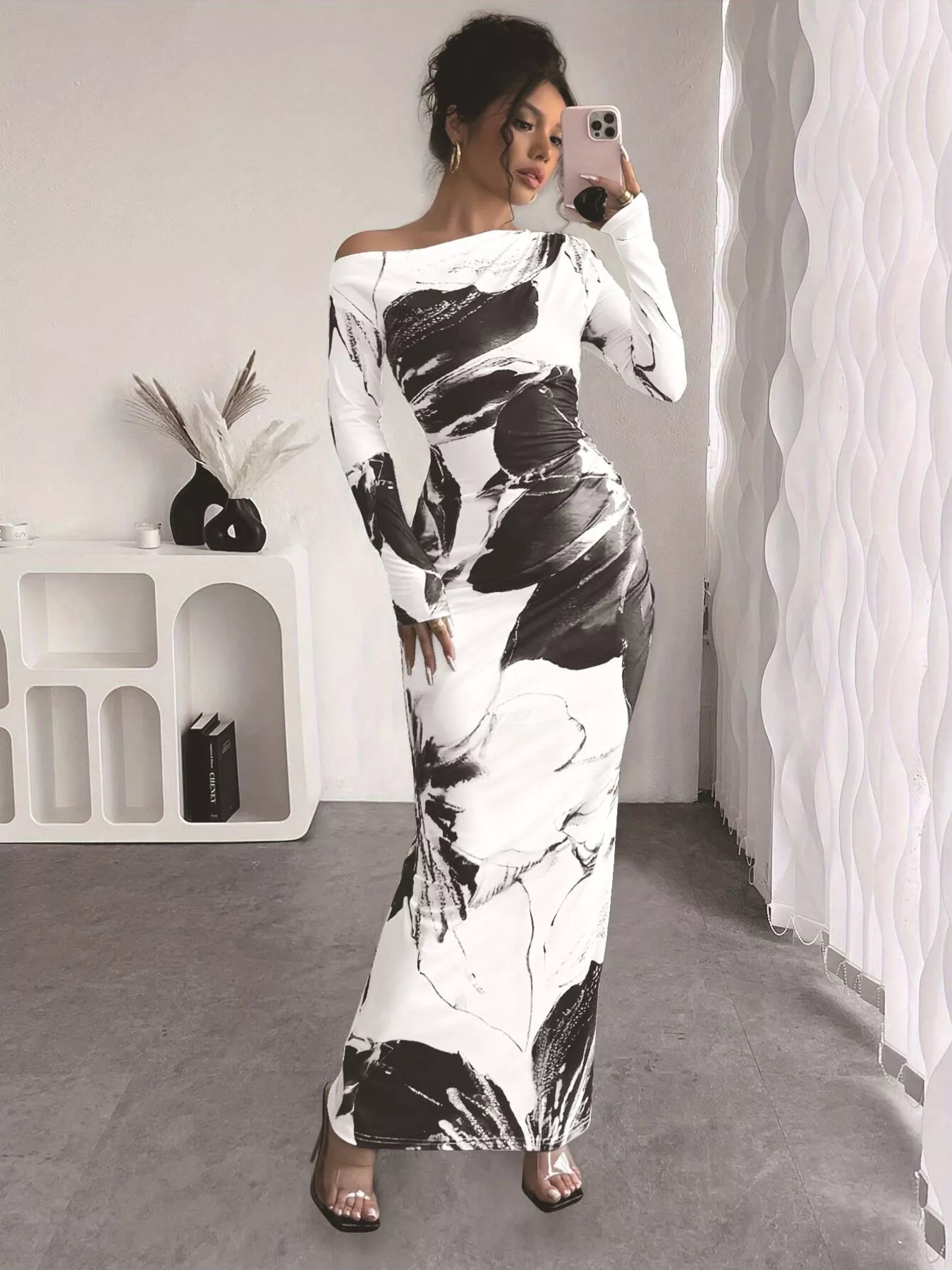 Floral One Shoulder Long Sleeve Maxi Dress - Luxé Lane