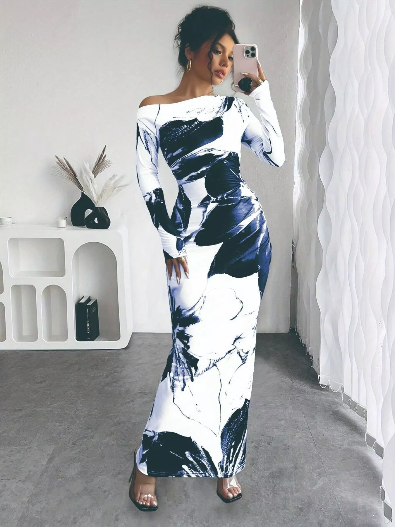 Floral One Shoulder Long Sleeve Maxi Dress - Luxé Lane