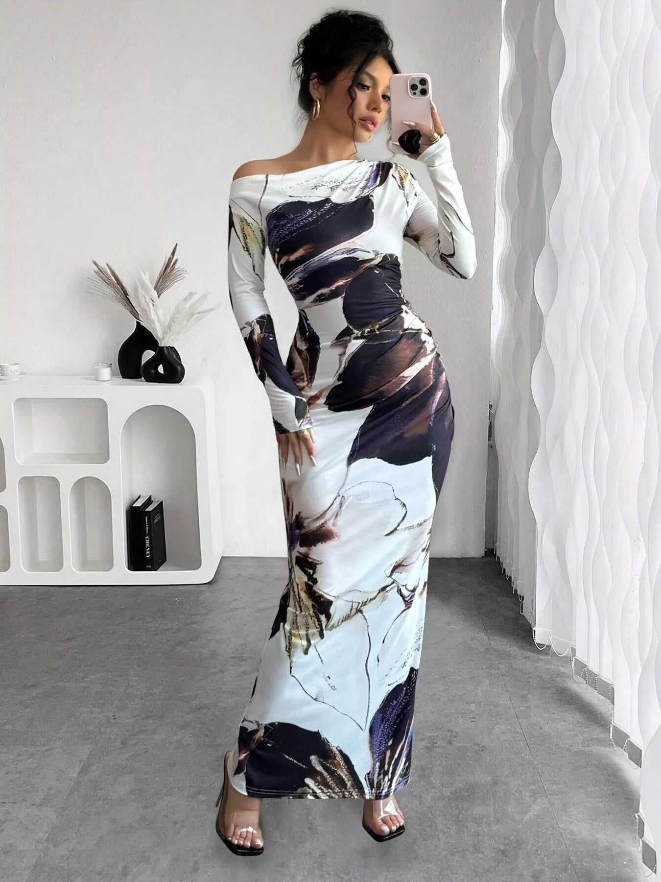 Floral One Shoulder Long Sleeve Maxi Dress - Luxé Lane