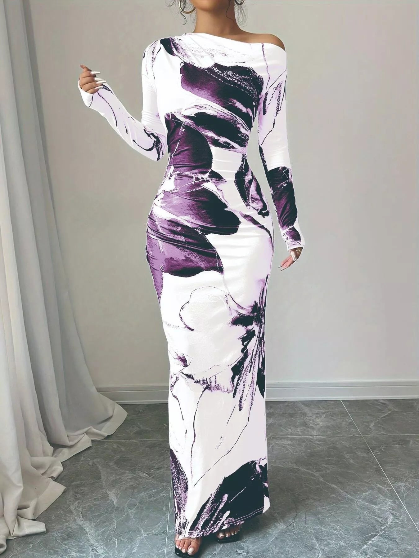 Floral One Shoulder Long Sleeve Maxi Dress - Luxé Lane