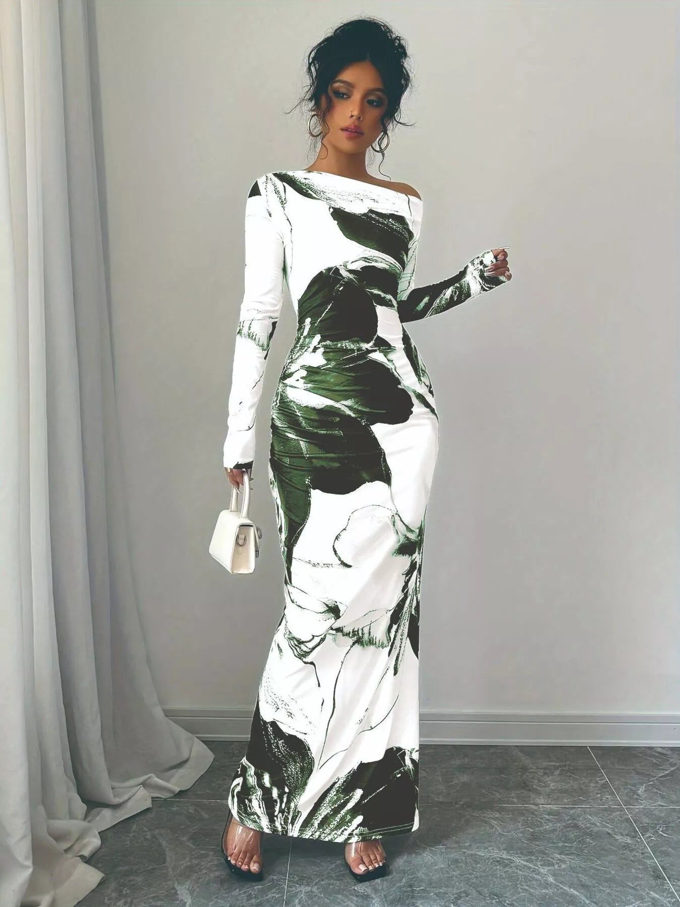 Floral One Shoulder Long Sleeve Maxi Dress - Luxé Lane