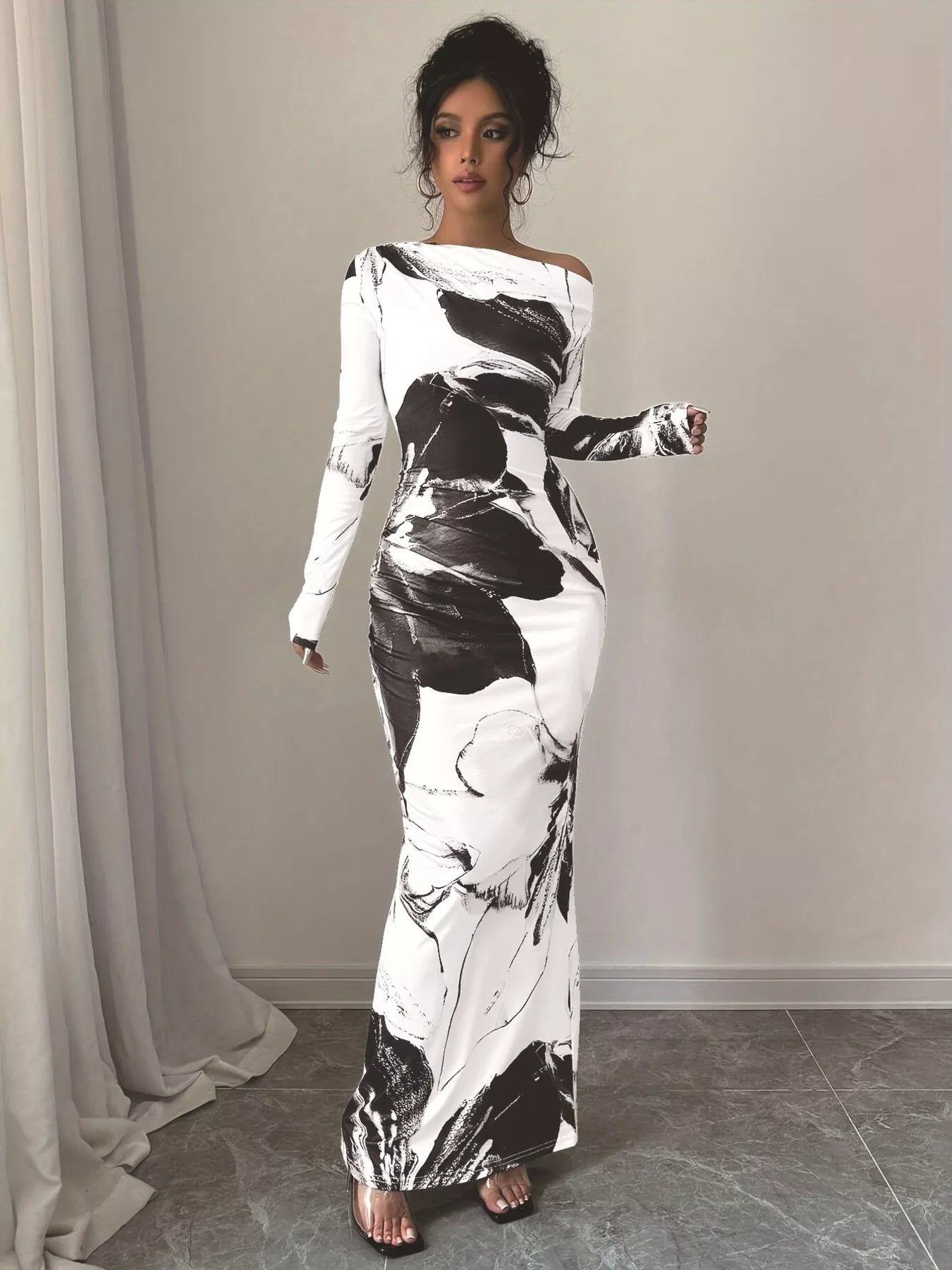 Floral One Shoulder Long Sleeve Maxi Dress - Luxé Lane