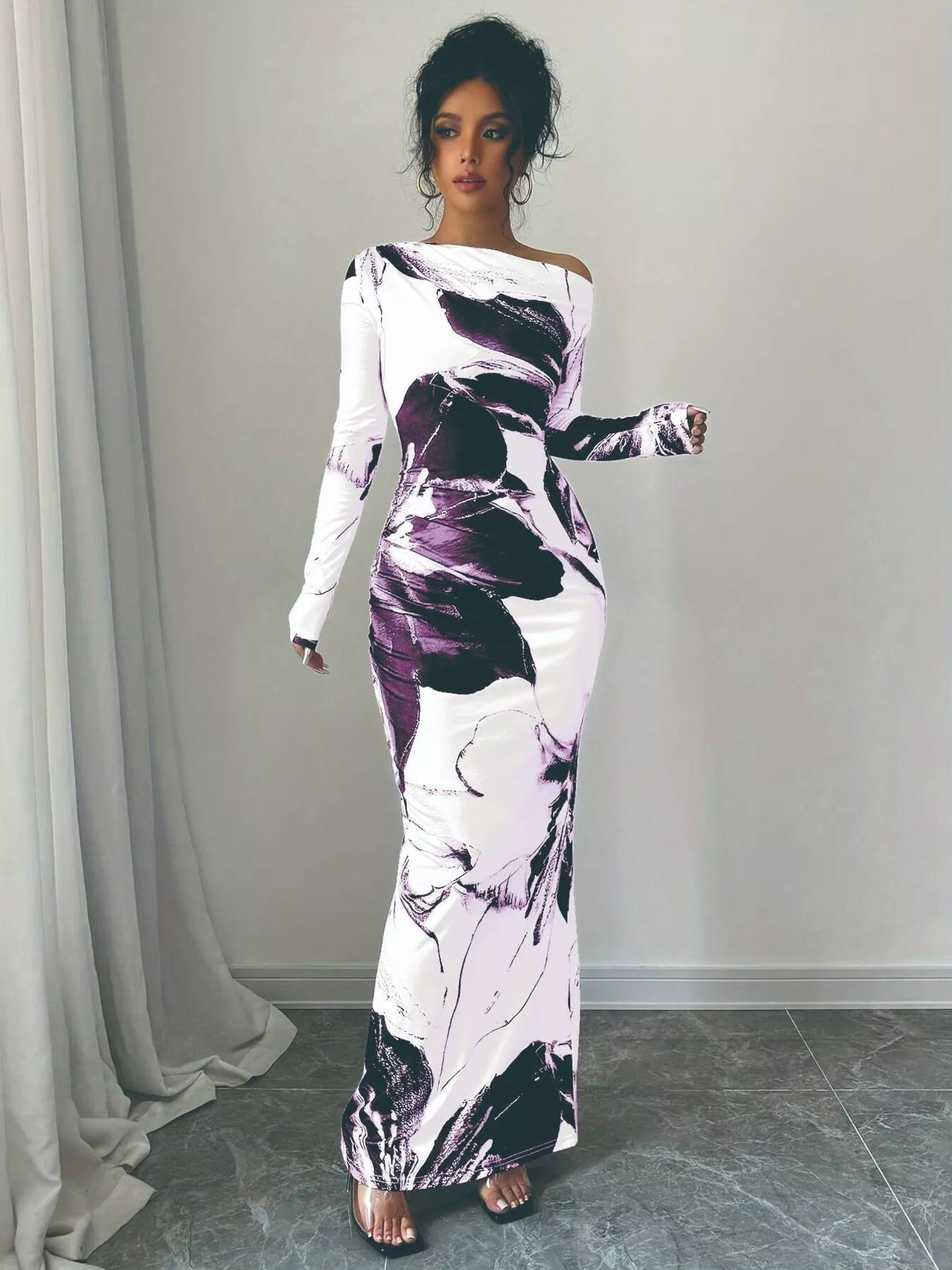 Floral One Shoulder Long Sleeve Maxi Dress - Luxé Lane