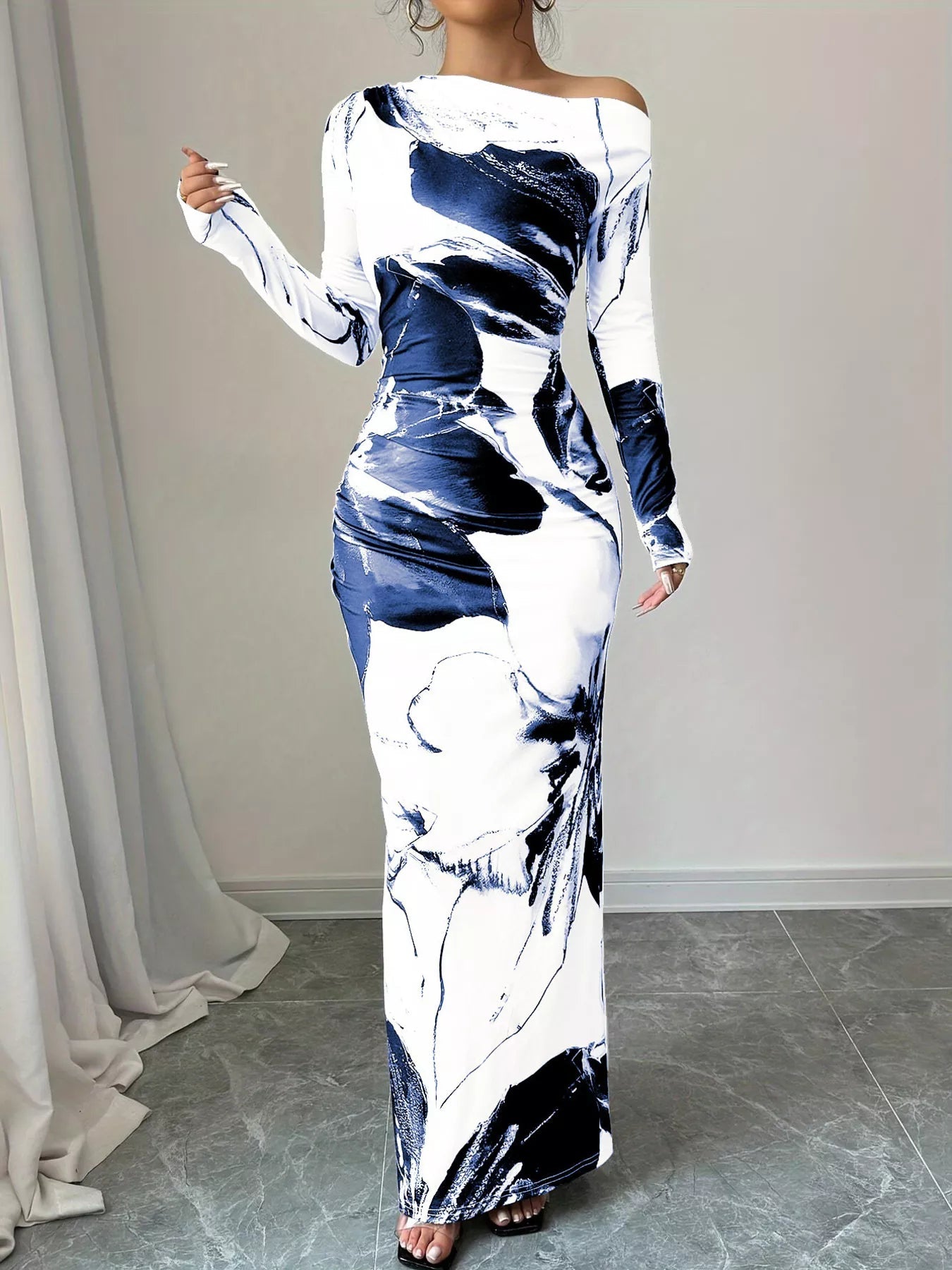 Floral One Shoulder Long Sleeve Maxi Dress - Luxé Lane