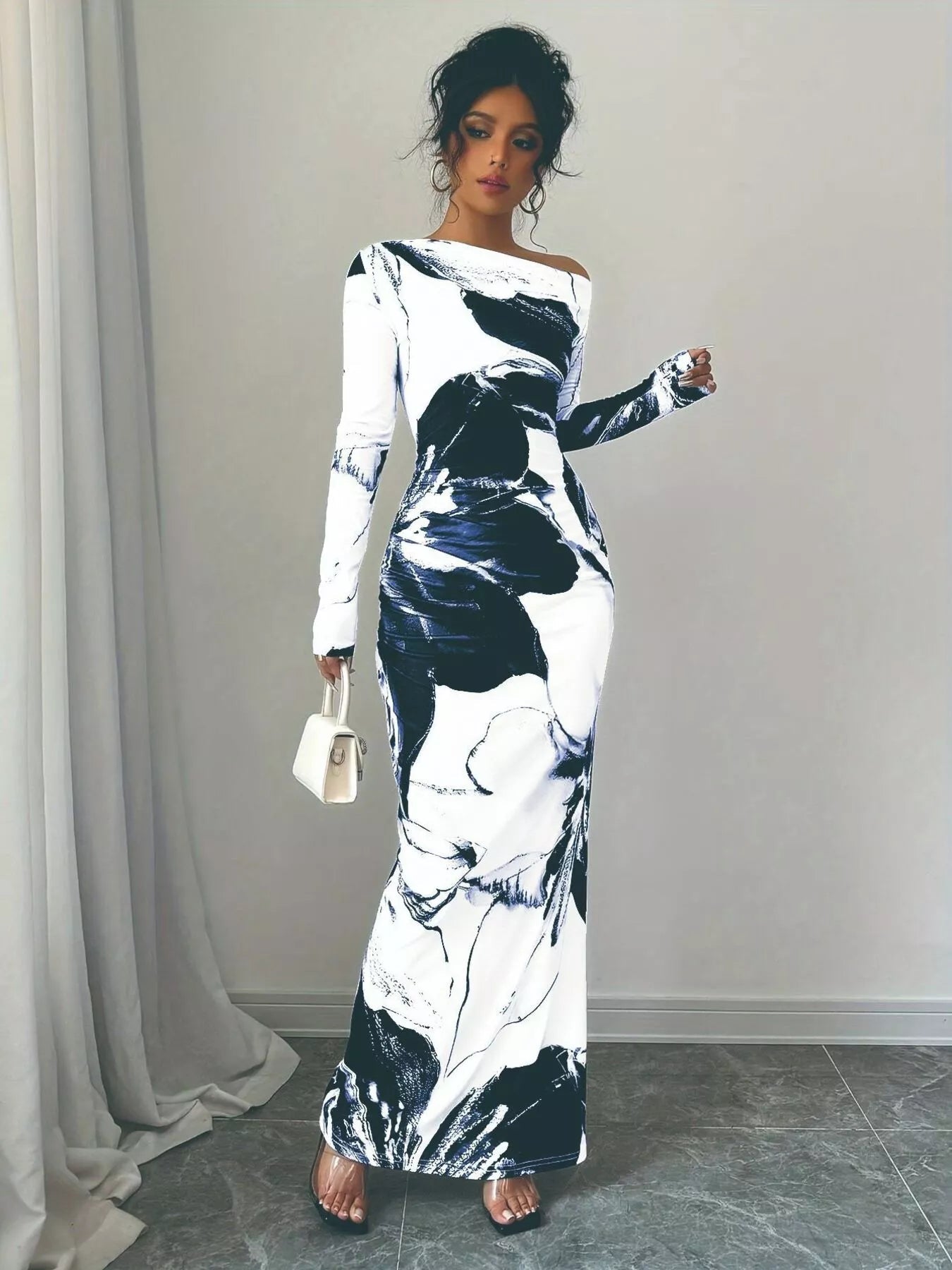 Floral One Shoulder Long Sleeve Maxi Dress - Luxé Lane