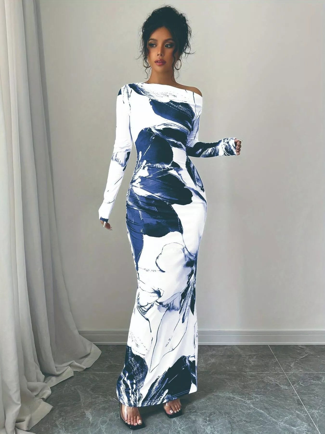 Floral One Shoulder Long Sleeve Maxi Dress - Luxé Lane