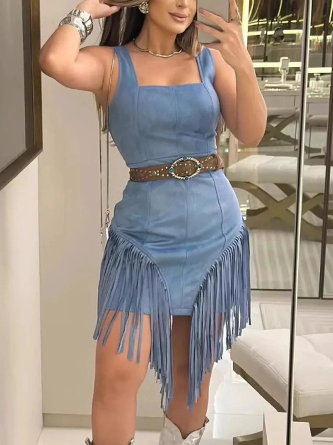 Fringe Square Neck Bodycon Mini Dress - Luxé Lane