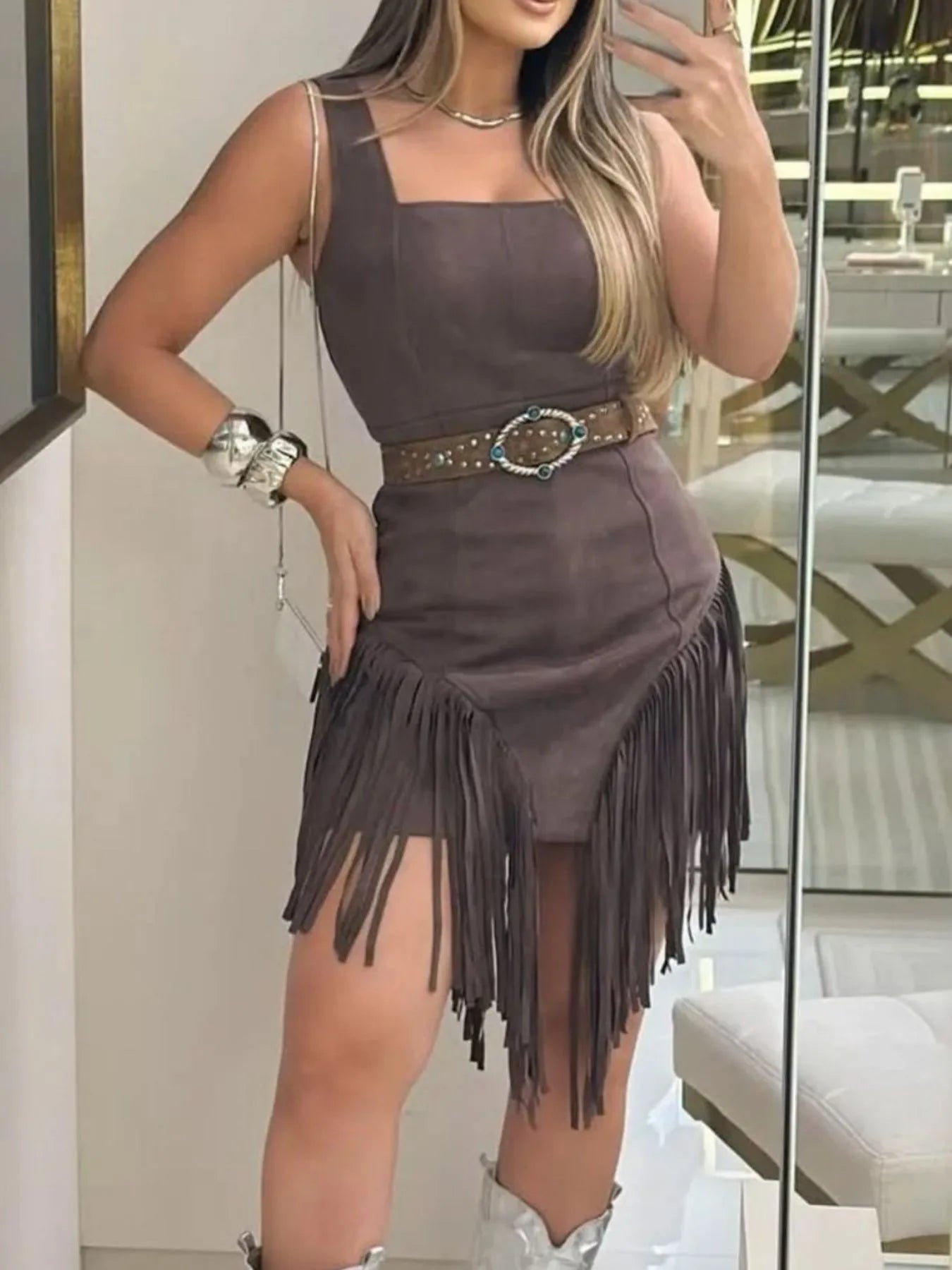 Fringe Square Neck Bodycon Mini Dress - Luxé Lane