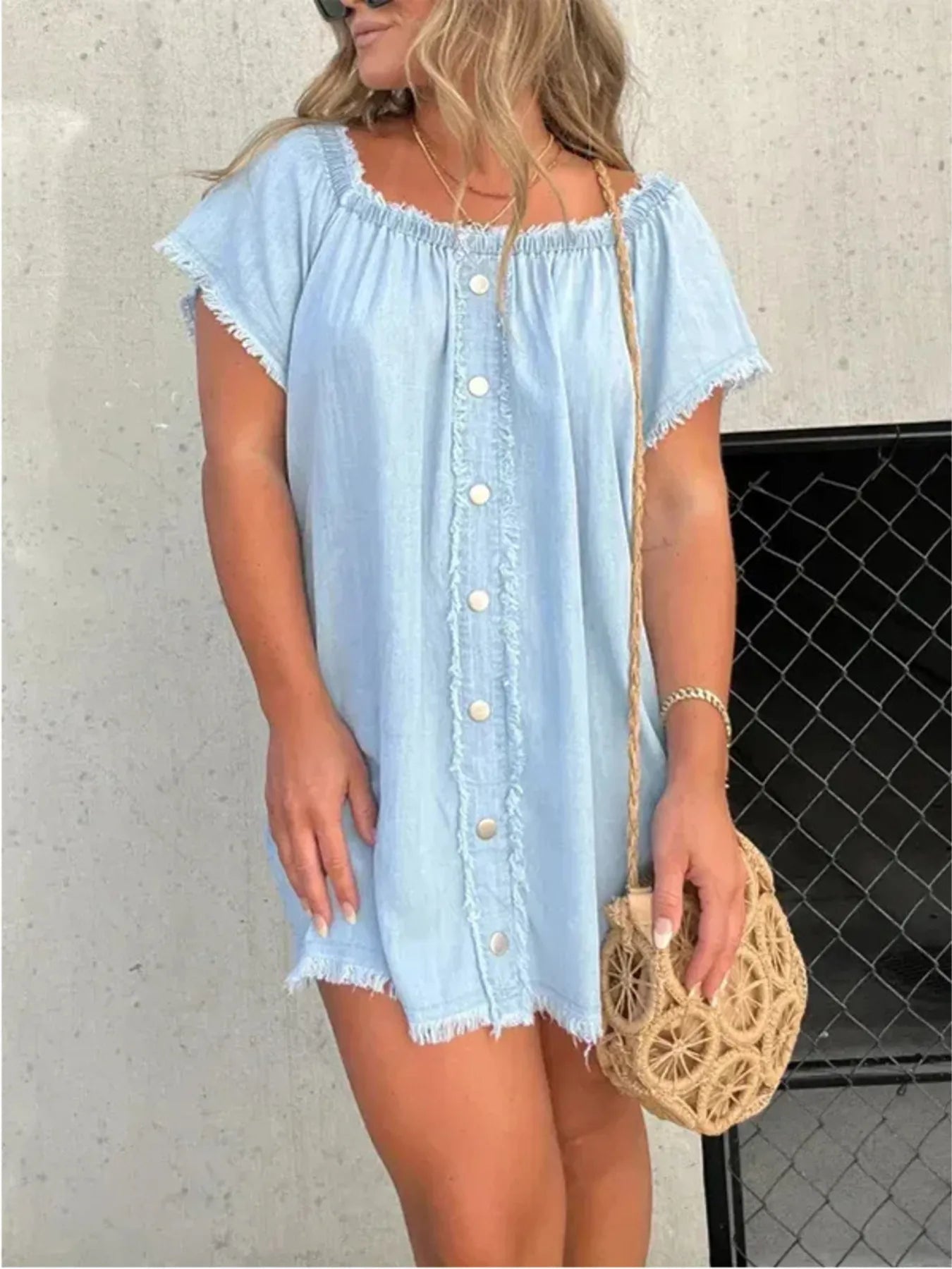 Full Size Raw Hem Mini Denim Dress Plus Size - Luxé Lane