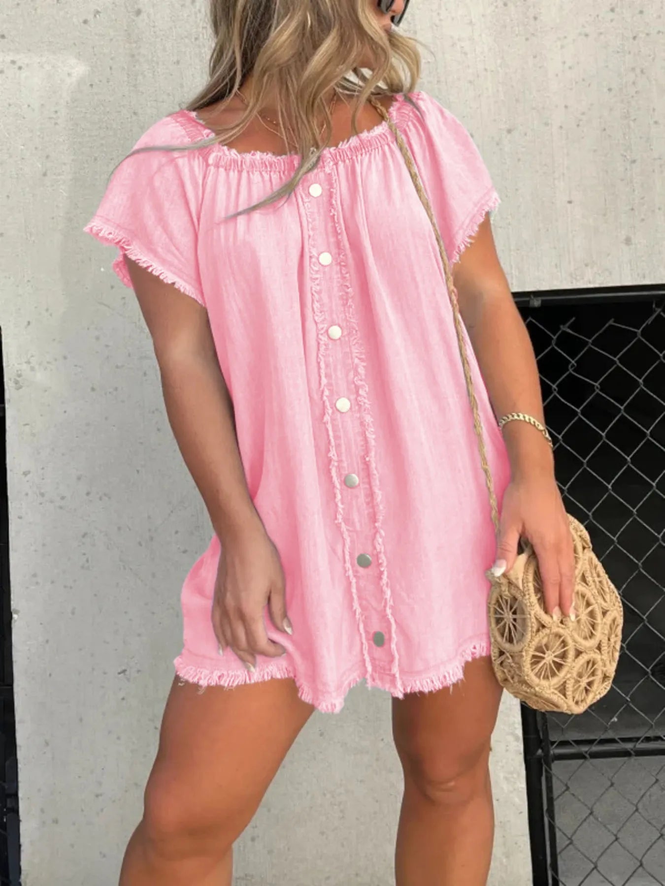 Full Size Raw Hem Mini Denim Dress Plus Size - Luxé Lane