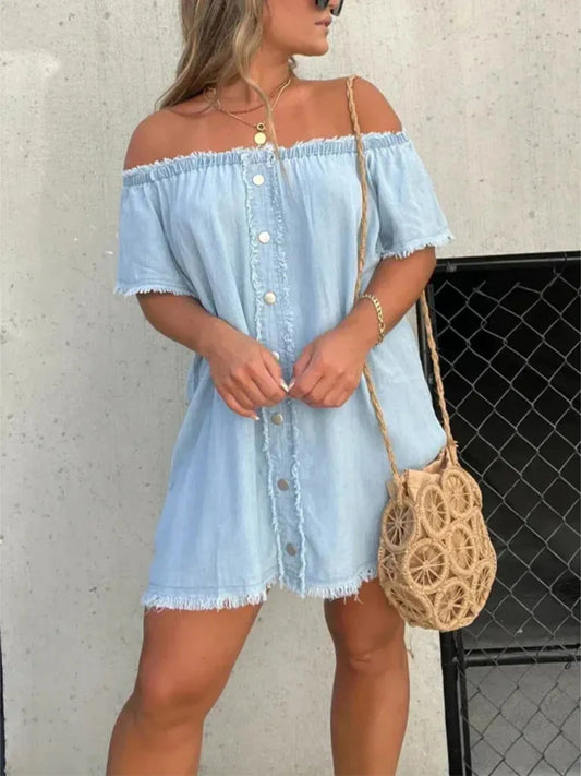Full Size Raw Hem Mini Denim Dress Plus Size - Luxé Lane