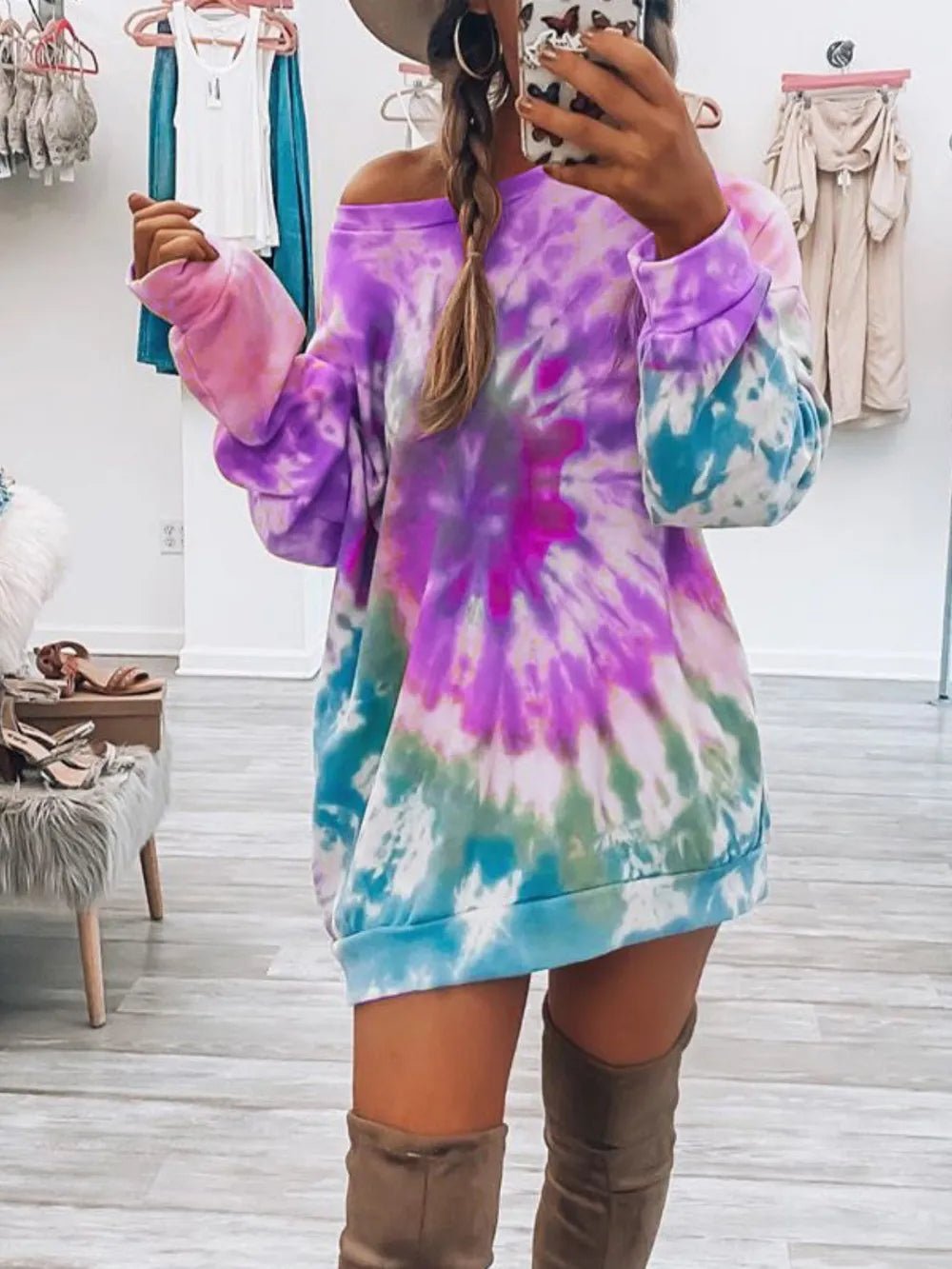 Full Size Tie - Dye Round Neck Long Sleeve Dress - Luxé Lane