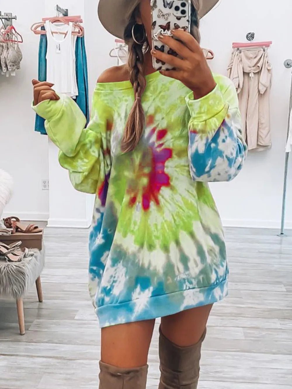 Full Size Tie - Dye Round Neck Long Sleeve Dress - Luxé Lane