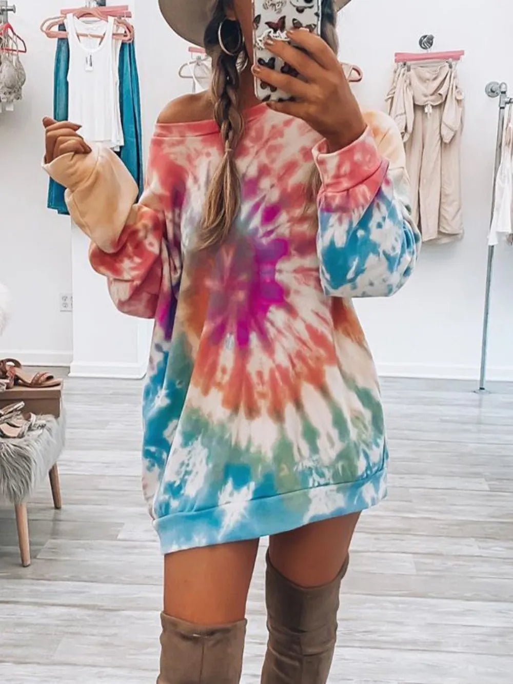 Full Size Tie - Dye Round Neck Long Sleeve Dress - Luxé Lane