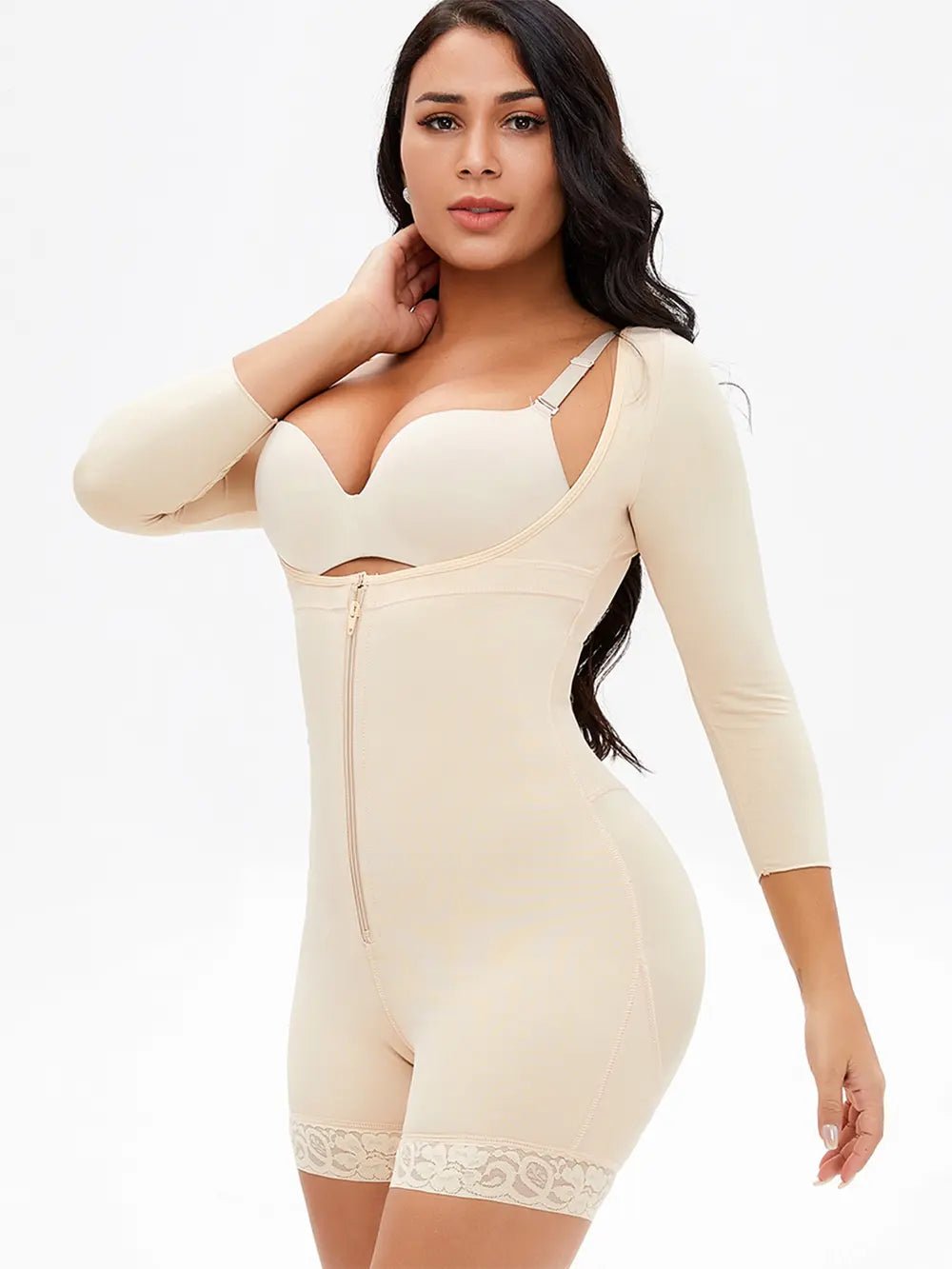 Full Size Zip Up Lace Detail Long Sleeve Shapewear - Luxe Lane Apparel