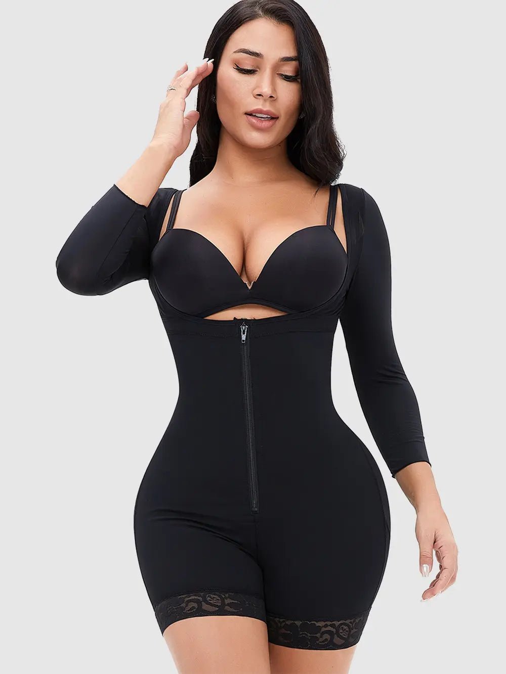 Full Size Zip Up Lace Detail Long Sleeve Shapewear - Luxe Lane Apparel