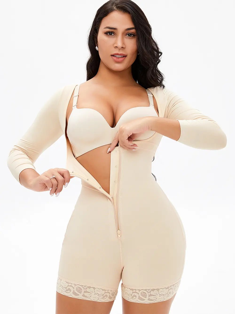 Full Size Zip Up Lace Detail Long Sleeve Shapewear - Luxe Lane Apparel