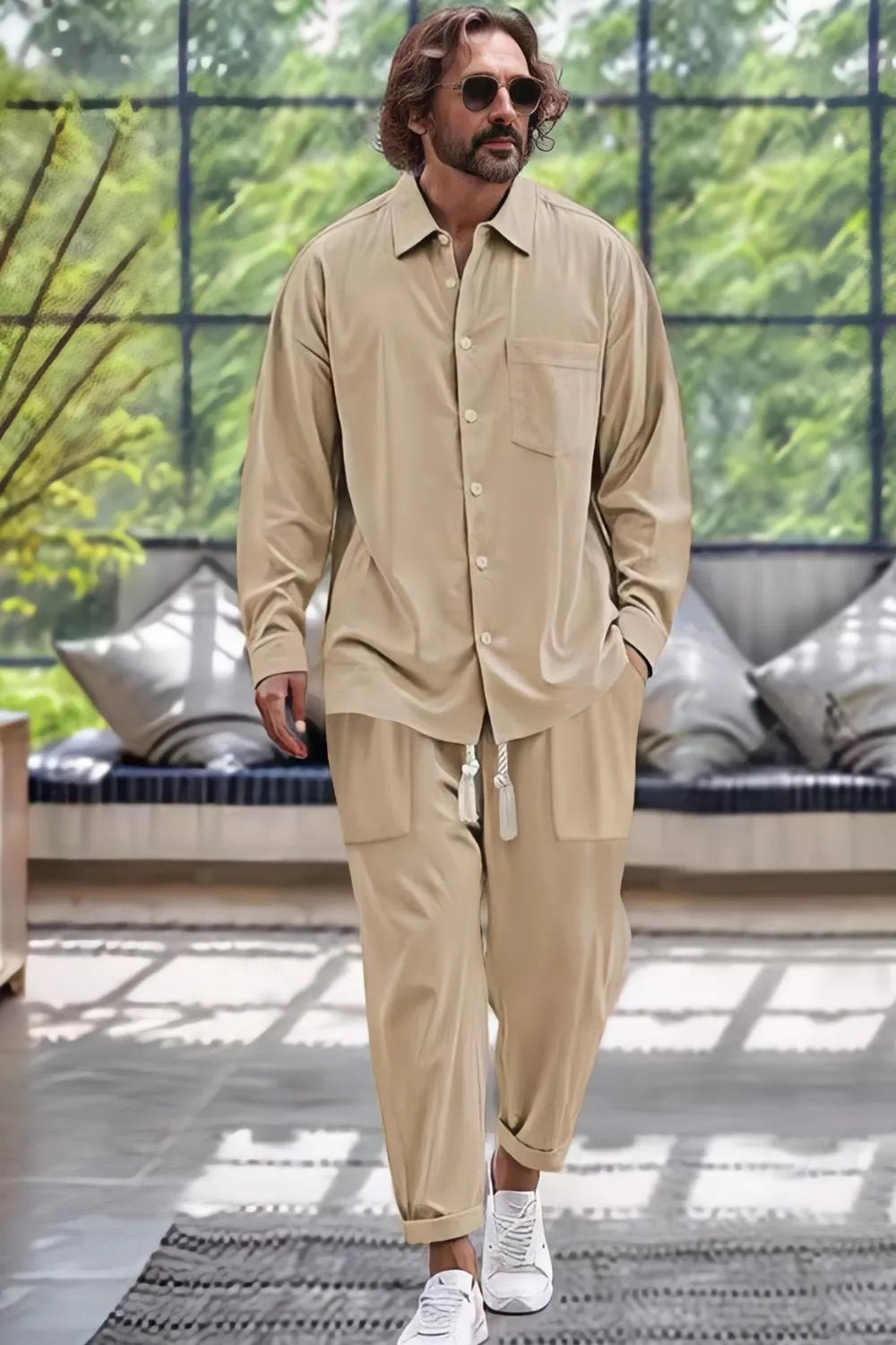 Men's Collared Neck Long Sleeve Top and Pants Set Plus Size - Luxe Lane Apparel