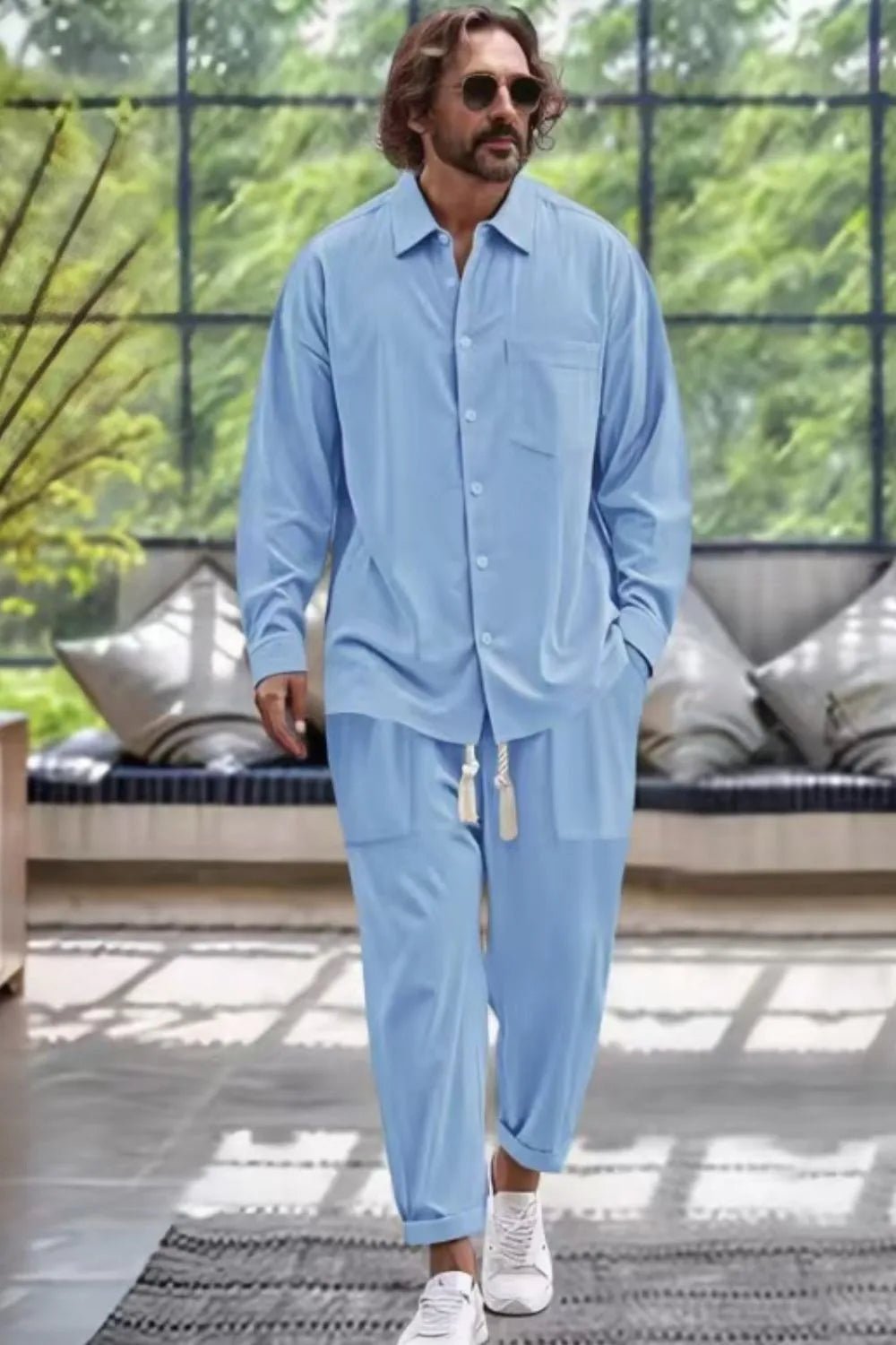 Men's Collared Neck Long Sleeve Top and Pants Set Plus Size - Luxe Lane Apparel