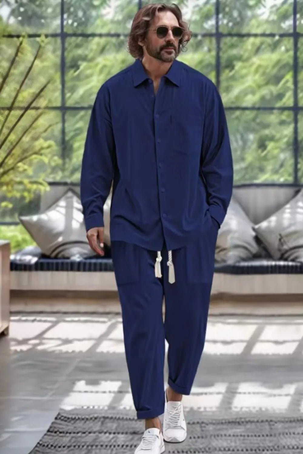 Men's Collared Neck Long Sleeve Top and Pants Set Plus Size - Luxe Lane Apparel
