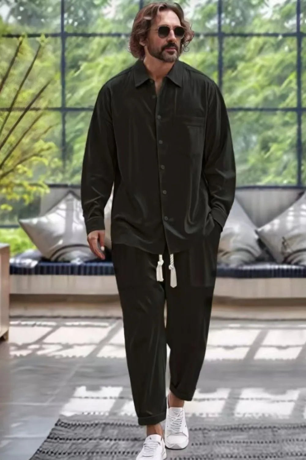 Men's Collared Neck Long Sleeve Top and Pants Set Plus Size - Luxe Lane Apparel