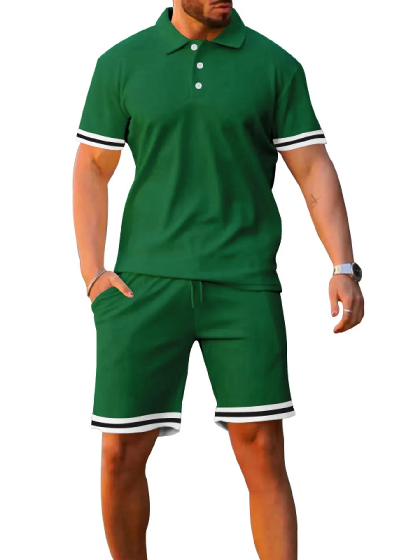 Men's Full Size Contrast Trim Polo and Shorts Set Plus Size - Luxé Lane