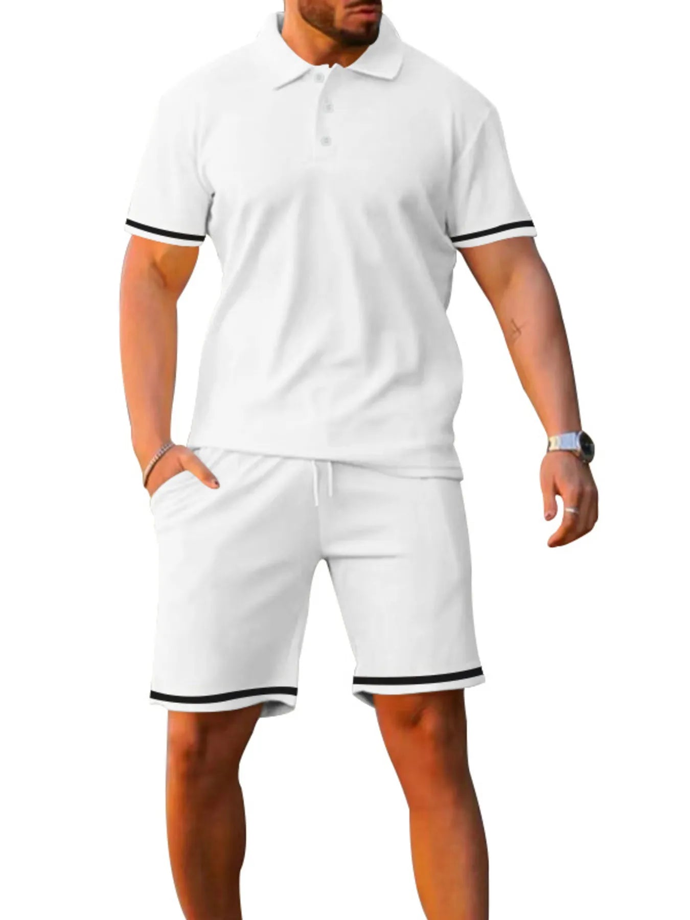 Men's Full Size Contrast Trim Polo and Shorts Set Plus Size - Luxé Lane