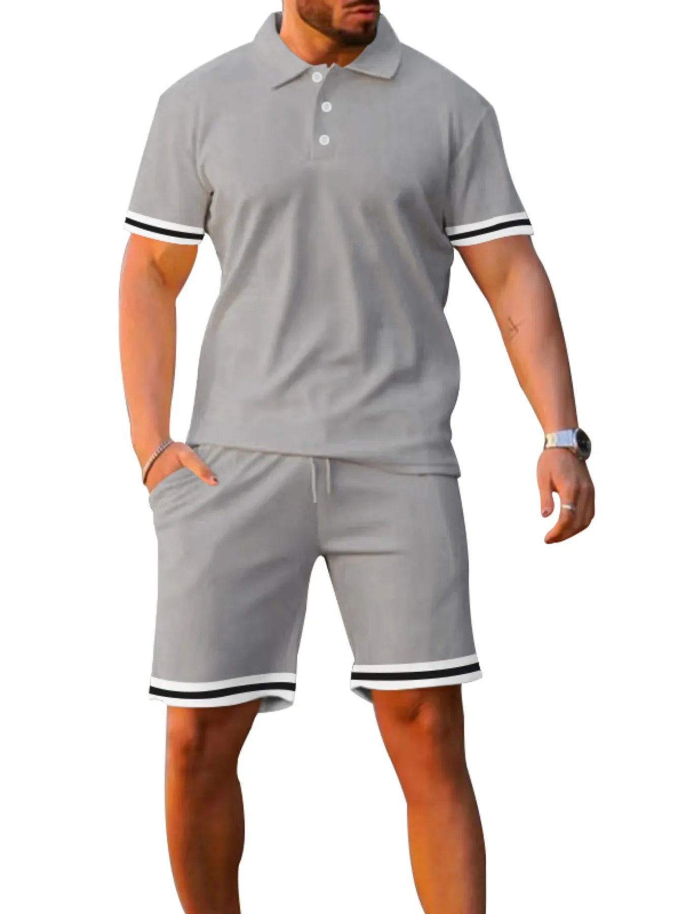 Men's Full Size Contrast Trim Polo and Shorts Set Plus Size - Luxé Lane