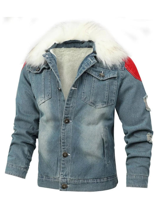 Men's Full Size Faux Fur Collar Denim Jacket Plus Size - Luxé Lane