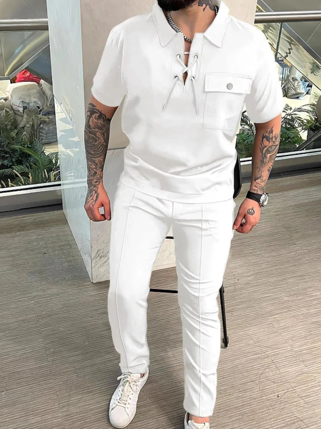 Men's Full Size Lace Up Short Sleeve Top and Pants Plus Size - Luxe Lane Apparel