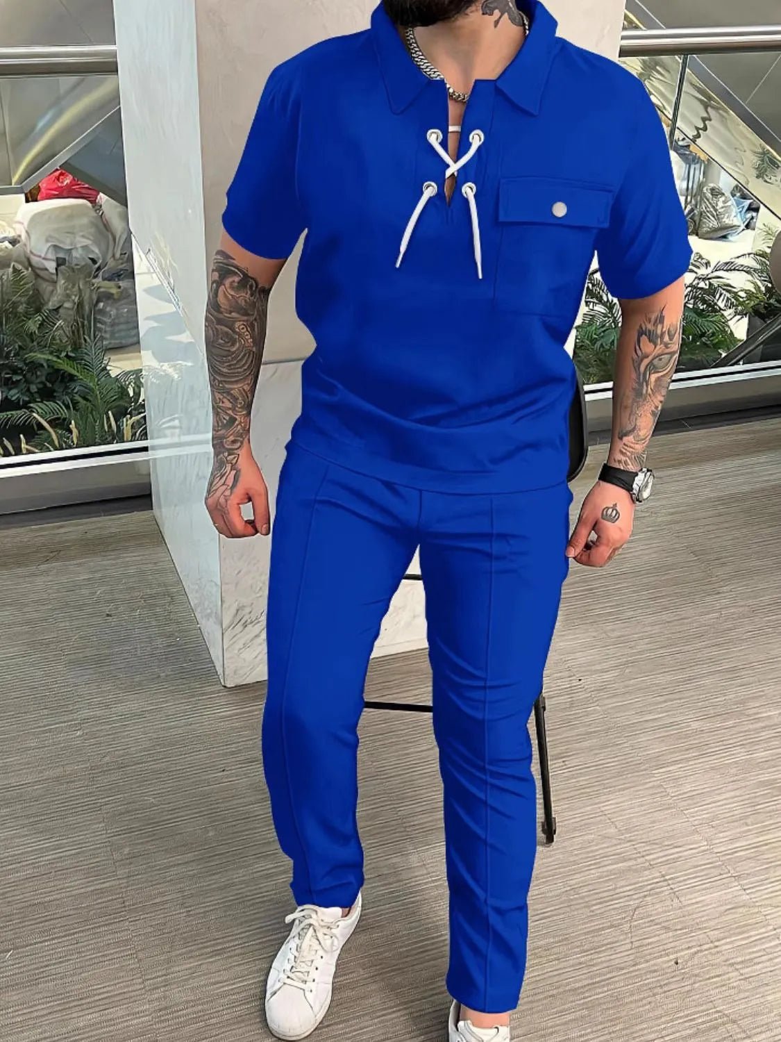 Men's Full Size Lace Up Short Sleeve Top and Pants Plus Size - Luxe Lane Apparel