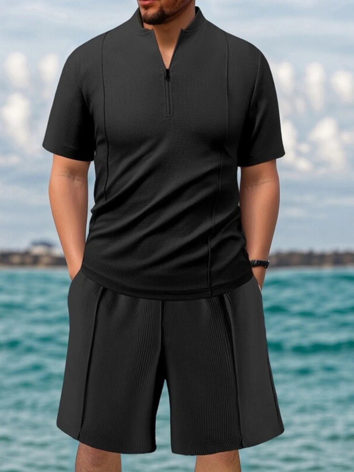 Men's Full Size Zip Front Short Sleeve Top and Shorts Set Plus Size - Luxé Lane