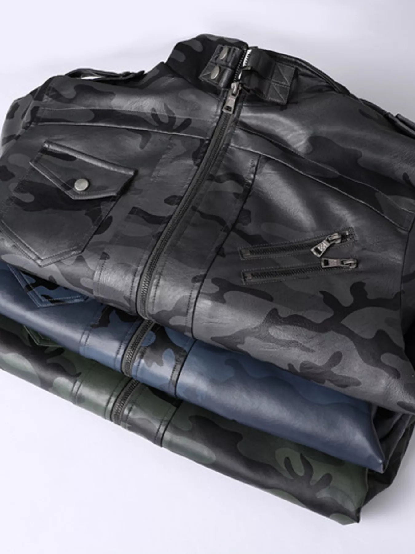 Men's Full Size Zip Up Camouflage Faux Leather Jacket Plus Size - Luxé Lane