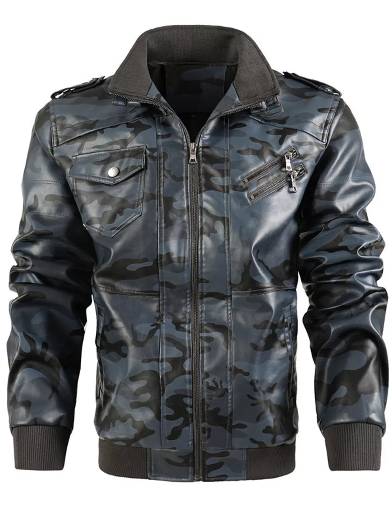 Men's Full Size Zip Up Camouflage Faux Leather Jacket Plus Size - Luxé Lane