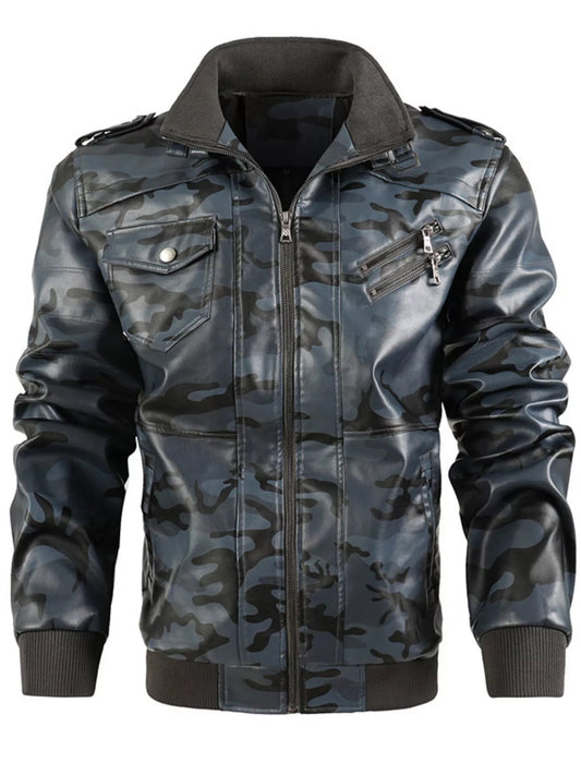 Men's Full Size Zip Up Camouflage Faux Leather Jacket Plus Size - Luxé Lane