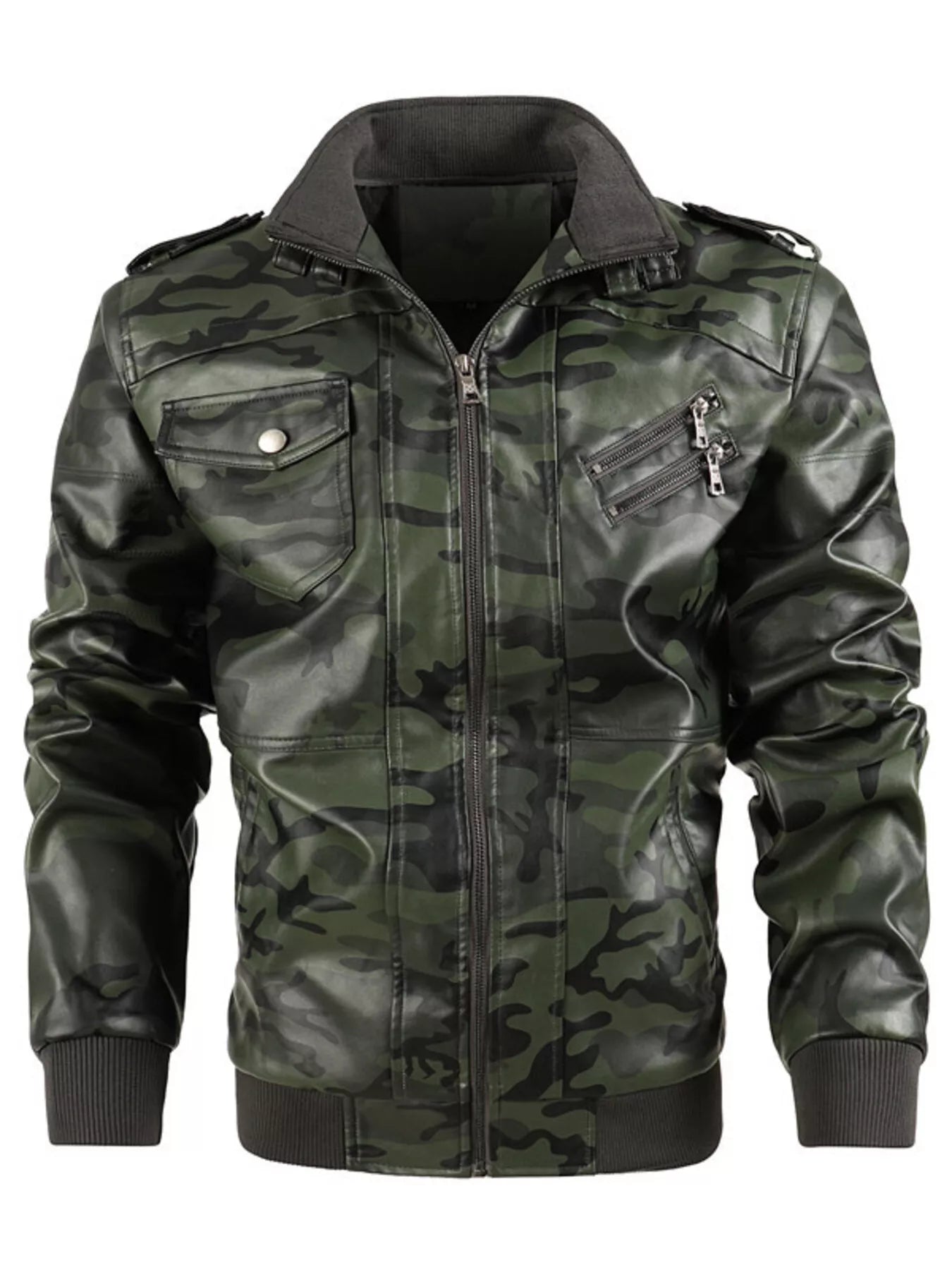 Men's Full Size Zip Up Camouflage Faux Leather Jacket Plus Size - Luxé Lane