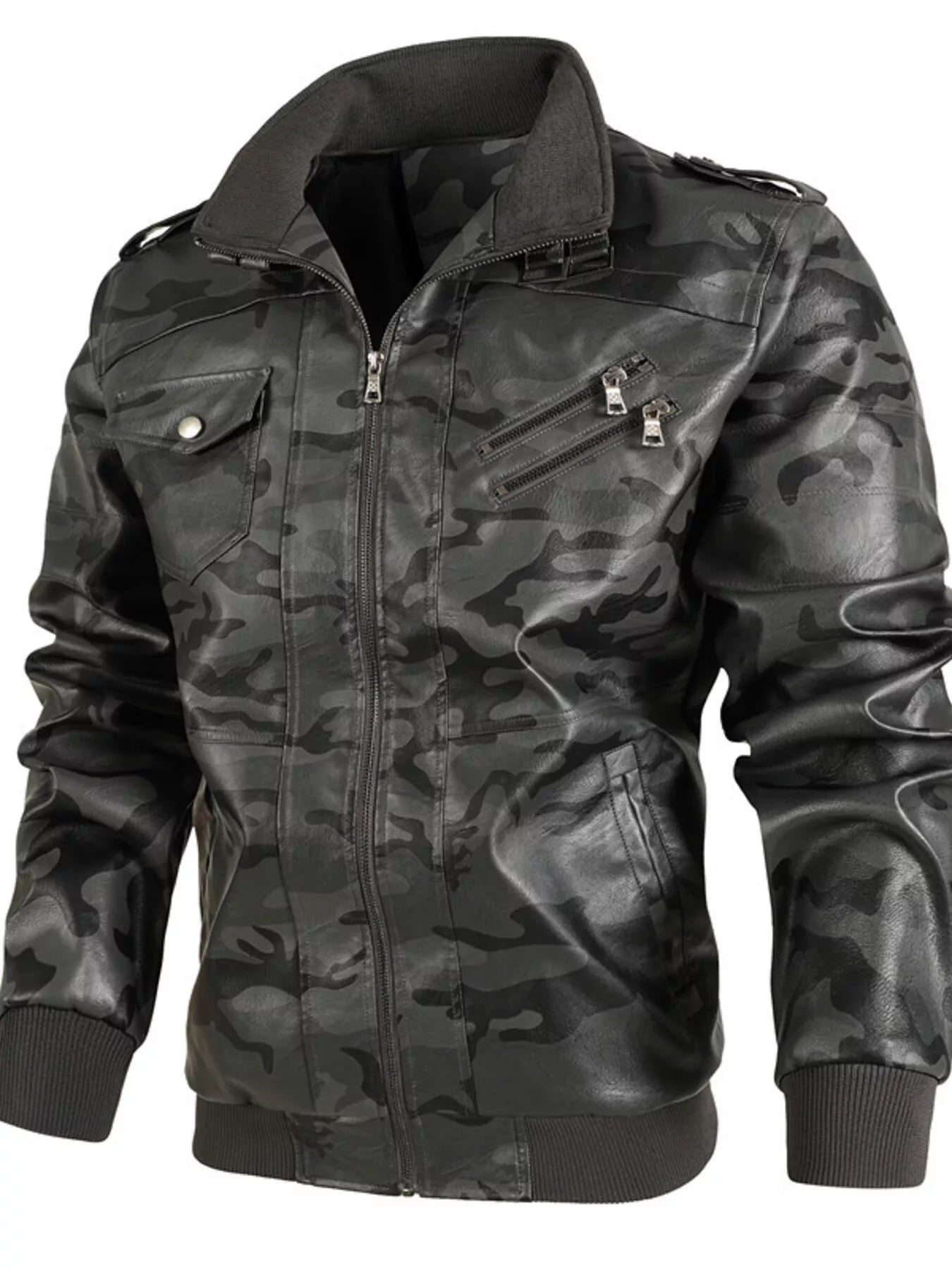 Men's Full Size Zip Up Camouflage Faux Leather Jacket Plus Size - Luxé Lane