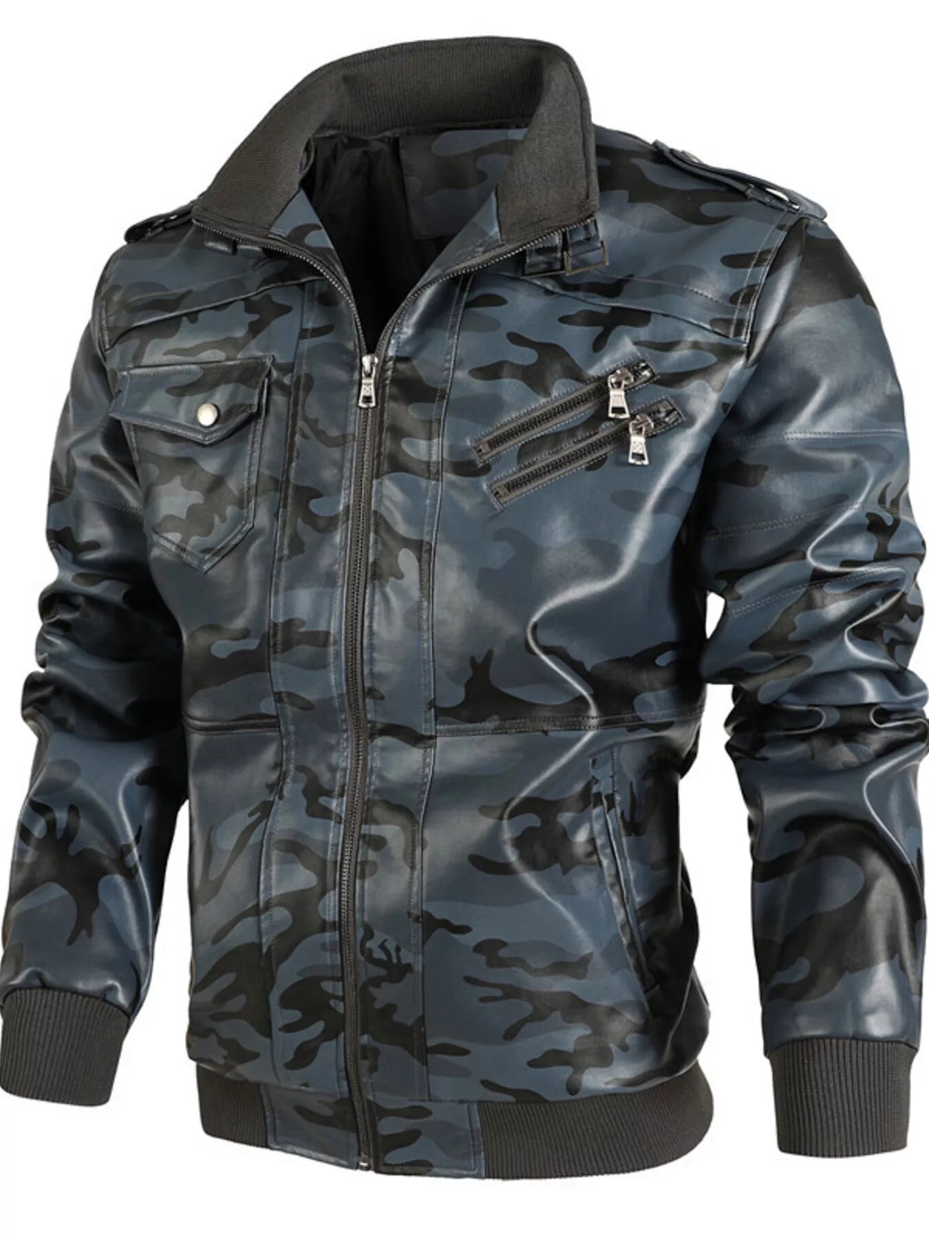 Men's Full Size Zip Up Camouflage Faux Leather Jacket Plus Size - Luxé Lane